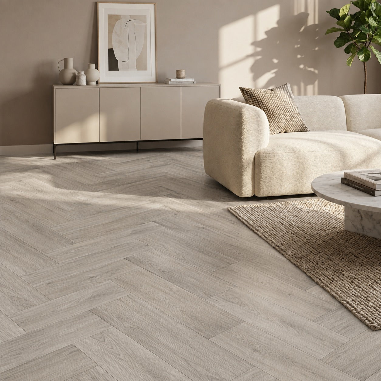 Sandstone Ash Herringbone SPC Click Vinyl Flooring 1.5sqm Pack Waterproof Rigid Core Wood Effect Flooring with Built-in Underlay – 20 Planks