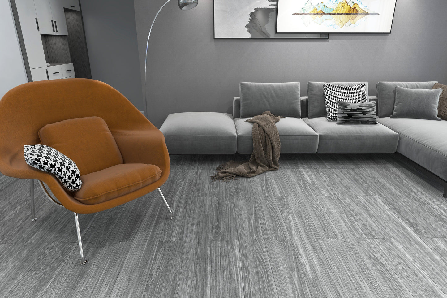 Frosted Oak Grey SPC Click Vinyl Flooring 122X18.1 CM Waterproof Rigid Core Flooring with Built-in Underlay